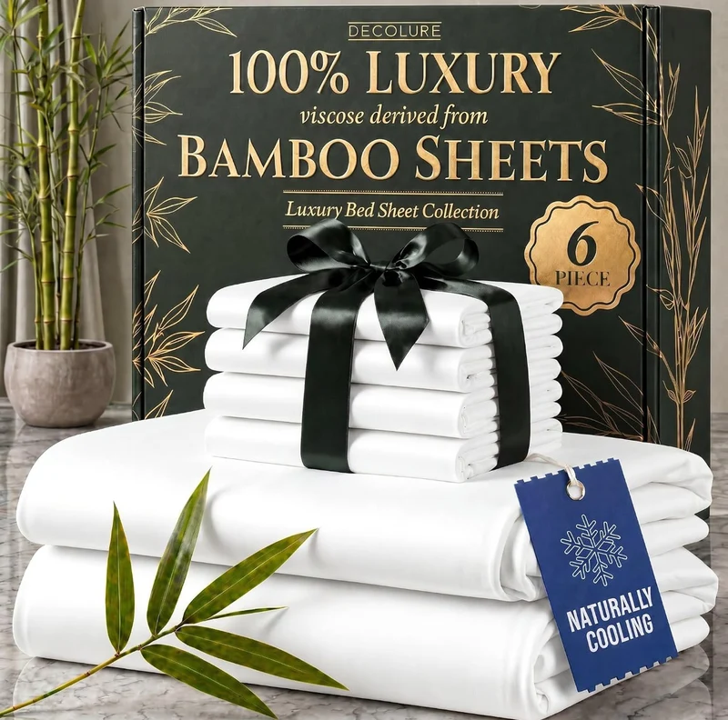 100% Viscose Derived from Bamboo Sheets King Size - Luxury 6 Pc Naturally Cooling Sheets, Ultra Soft Bed Set - Deep 17" Pockets, Durable Double Stitching, Oeko Tex Standard - (White)