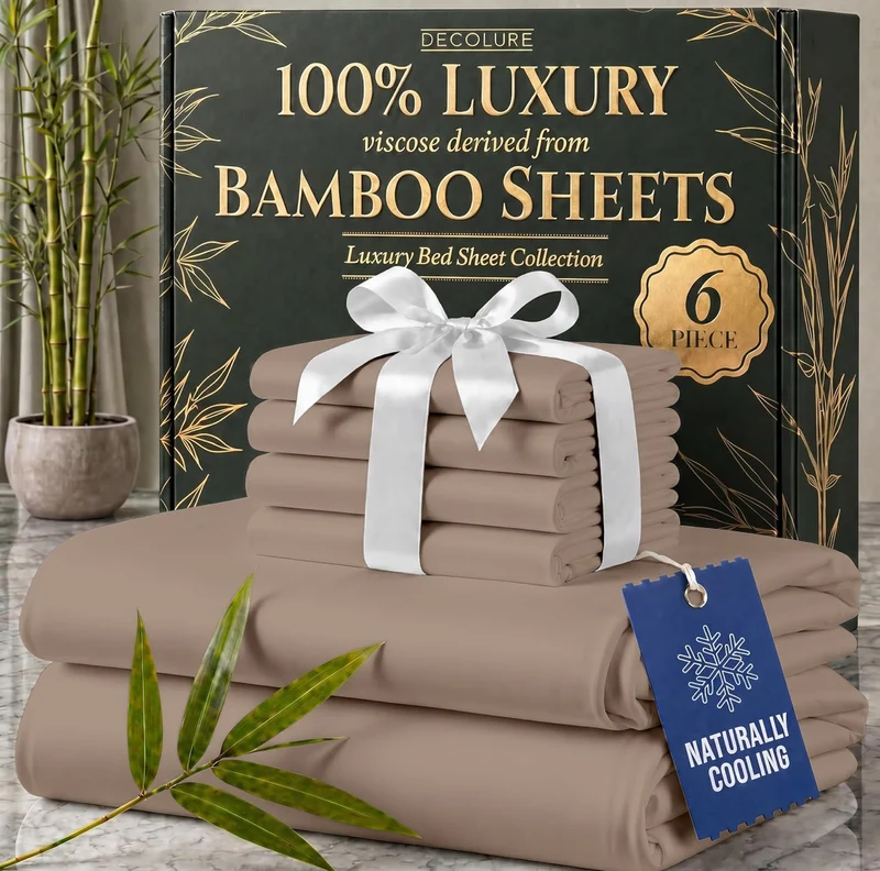 100% Viscose Derived from Bamboo Sheets King Size - Luxury 6 Pc Naturally Cooling Sheets, Ultra Soft Bed Set - Deep 17" Pockets, Durable Double Stitching, Oeko Tex Standard - (Taupe)