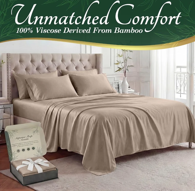 100% Viscose Derived from Bamboo Sheets King Size - Luxury 6 Pc Naturally Cooling Sheets, Ultra Soft Bed Set - Deep 17" Pockets, Durable Double Stitching, Oeko Tex Standard - (Taupe)