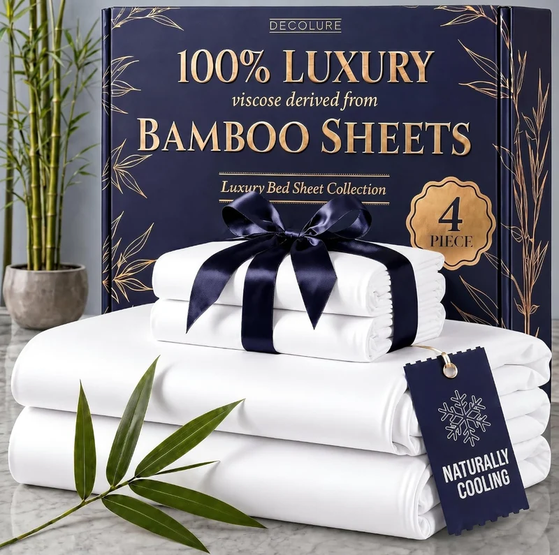 100% Viscose Derived from Bamboo Sheets Queen Size - Luxury 4 Pc Naturally Cooling Sheets, Ultra Soft Bed Set - Deep 17" Pockets, Durable Double Stitching, Oeko Tex Standard - (White)