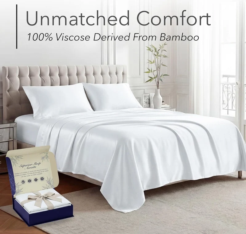 100% Viscose Derived from Bamboo Sheets Queen Size - Luxury 4 Pc Naturally Cooling Sheets, Ultra Soft Bed Set - Deep 17" Pockets, Durable Double Stitching, Oeko Tex Standard - (White)