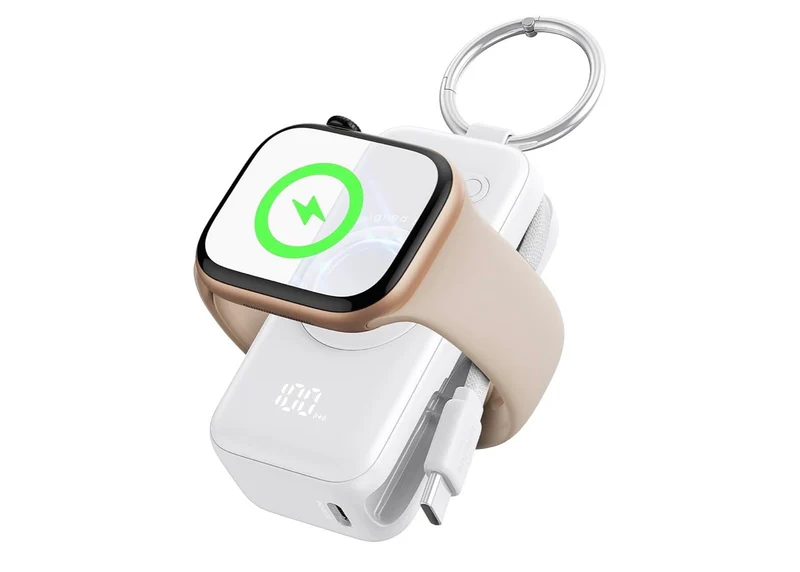 SnapGo Portable Charger, 5000mAh Mini Power Bank for Apple Watch, White 20W Fast Charging, Travel Keychain, Built-in USB-C Cable, Flight-Safe - White