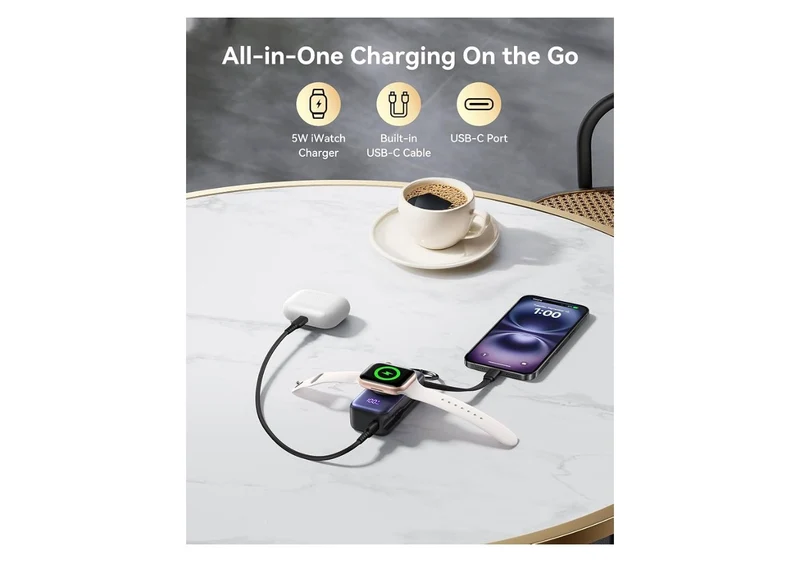 SnapGo Portable Charger, 5000mAh Mini Power Bank for Apple Watch, White 20W Fast Charging, Travel Keychain, Built-in USB-C Cable, Flight-Safe - White
