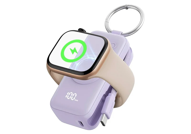 SnapGo Portable Charger, 5000mAh Mini Power Bank for Apple Watch, Purple 20W Fast Charging, Travel Keychain, Built-in USB-C Cable, Flight-Safe - Purple