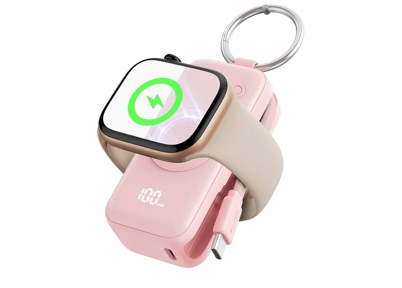 20W SnapGo Portable Charger, 5000mAh Mini Power Bank for Apple Watch 20W Fast Charging, Travel Keychain, Built-in USB-C Cable, Flight-Safe - Pink