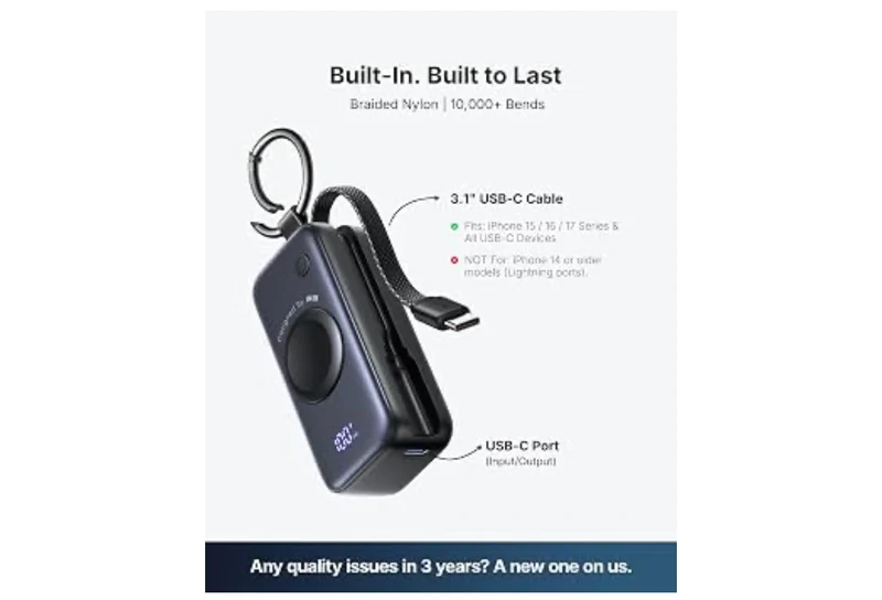 20W SnapGo Portable Charger, 5000mAh Mini Power Bank for Apple Watch20W Fast Charging, Travel Keychain, Built-in USB-C Cable, Flight-Safe - Black