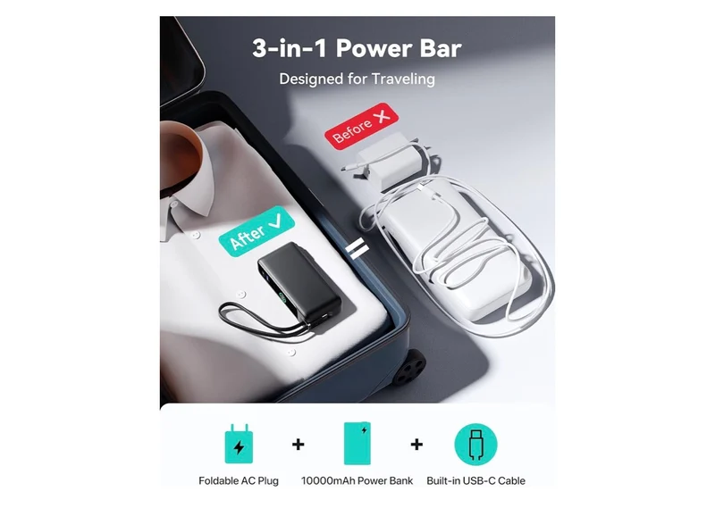 3-in-1 Portable Charger 30W Fast Charging Portable Charger w/ Built-in Cable & AC Wall Plug 10000mAh, Small, Fast Charging, Built-in USB C Cable - (Black)