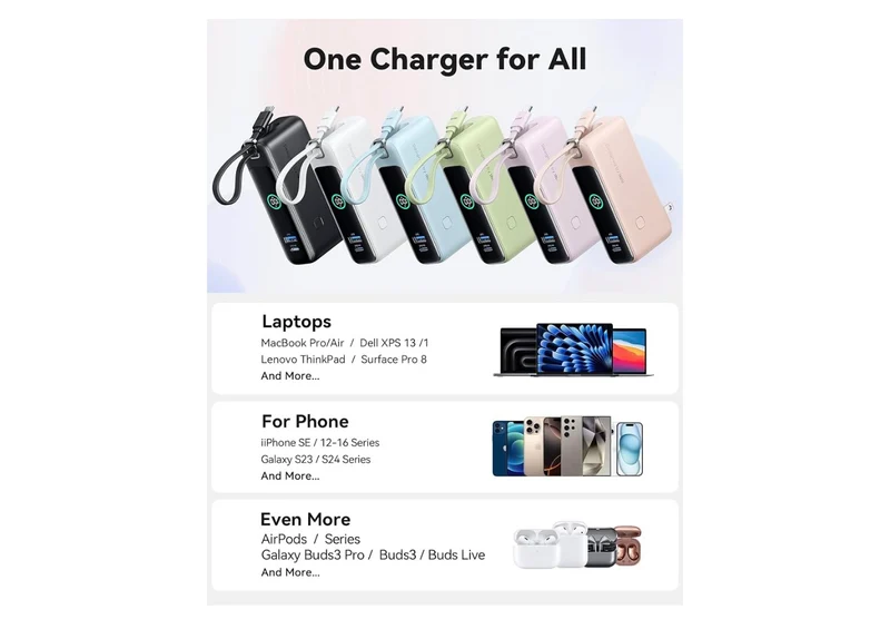 3-in-1 Portable Charger 30W Fast Charging Portable Charger w/ Built-in Cable & AC Wall Plug 10000mAh, Small, Fast Charging, Built-in USB C Cable - (Black)