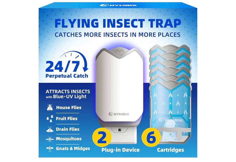 Indoor Fly Trap, Plug-in Flying Insect Trap for Fruit Flies & Gnats 24/7 Blue Light Trap - 2 Bases + 6 Refills