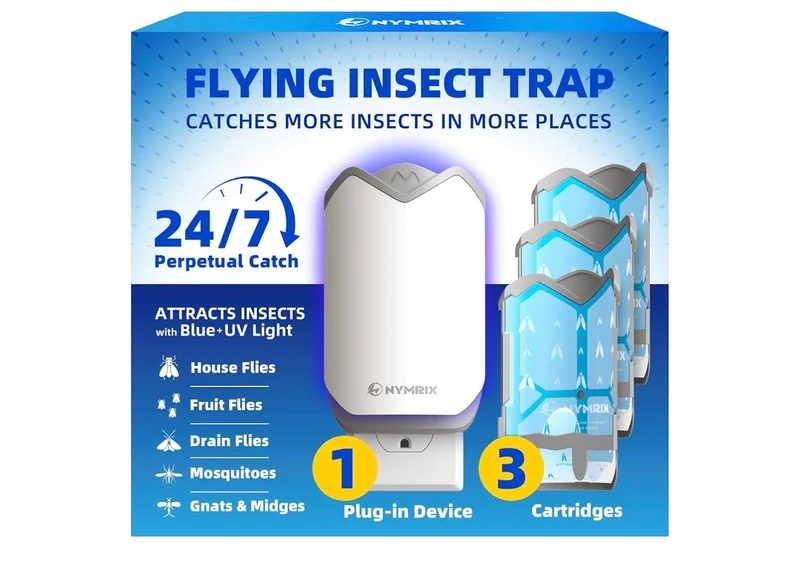 Flying Insect Trap, Plug-in Indoor Fly Trap for Fruit Flies & Gnats 24/7 Blue Light Trap - 1 Base + 3 Refills