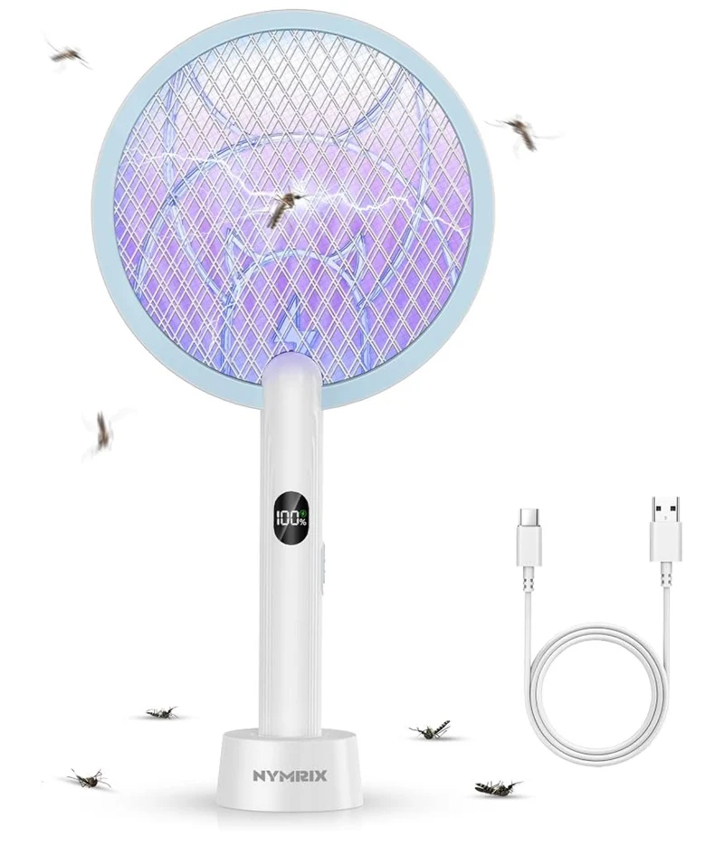 Electric Fly Swatter 4100V Dual Mode Bug Zapper Racket Mosquito Killer with 1800 mAh Rechargeable Battery, Purple Light, Usb-C charging - 1PK