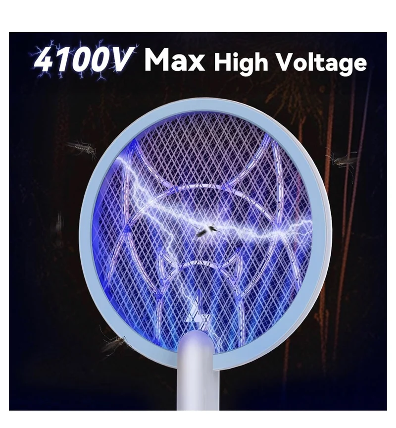Electric Fly Swatter 4100V Dual Mode Bug Zapper Racket Mosquito Killer with 1800 mAh Rechargeable Battery, Purple Light, Usb-C charging - 1PK