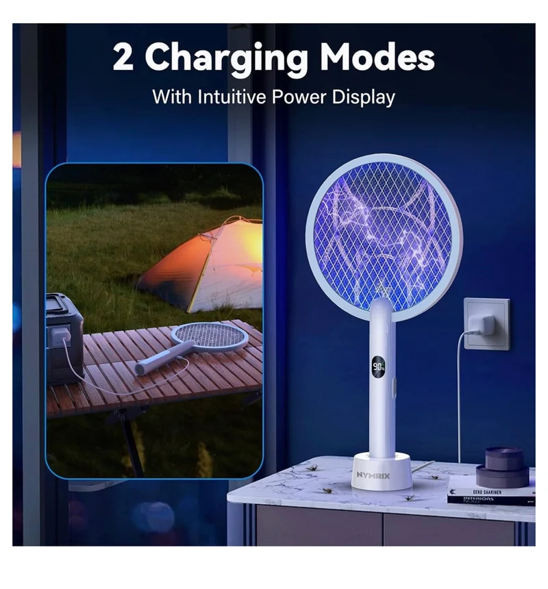 Electric Fly Swatter 4100V Dual Mode Bug Zapper Racket Mosquito Killer with 1800 mAh Rechargeable Battery, Purple Light, Usb-C charging - 1PK