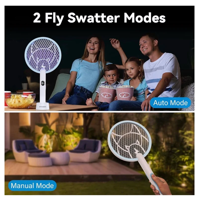 Electric Fly Swatter 4100V Dual Mode Bug Zapper Racket Mosquito Killer with 1800 mAh Rechargeable Battery, Purple Light, Usb-C charging - 1PK