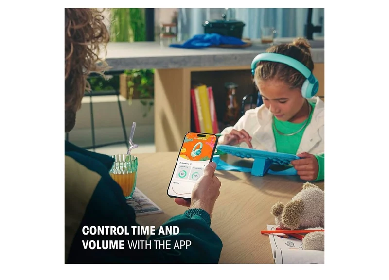 JBL Junior On-Ear Kids Headphones Safe Sound 85dB, Parental Control w/ Customizable Volume Playtime, Easy monitoring, Built-in mic, 50-hour battery life (BLUE)