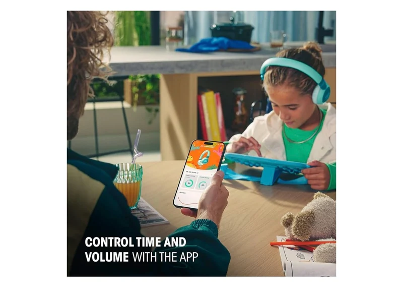 JBL Junior On-Ear Kids Headphones Safe Sound 85dB, Parental Control w/ Customizable Volume Playtime, Easy monitoring, Built-in mic, 50-hour battery life