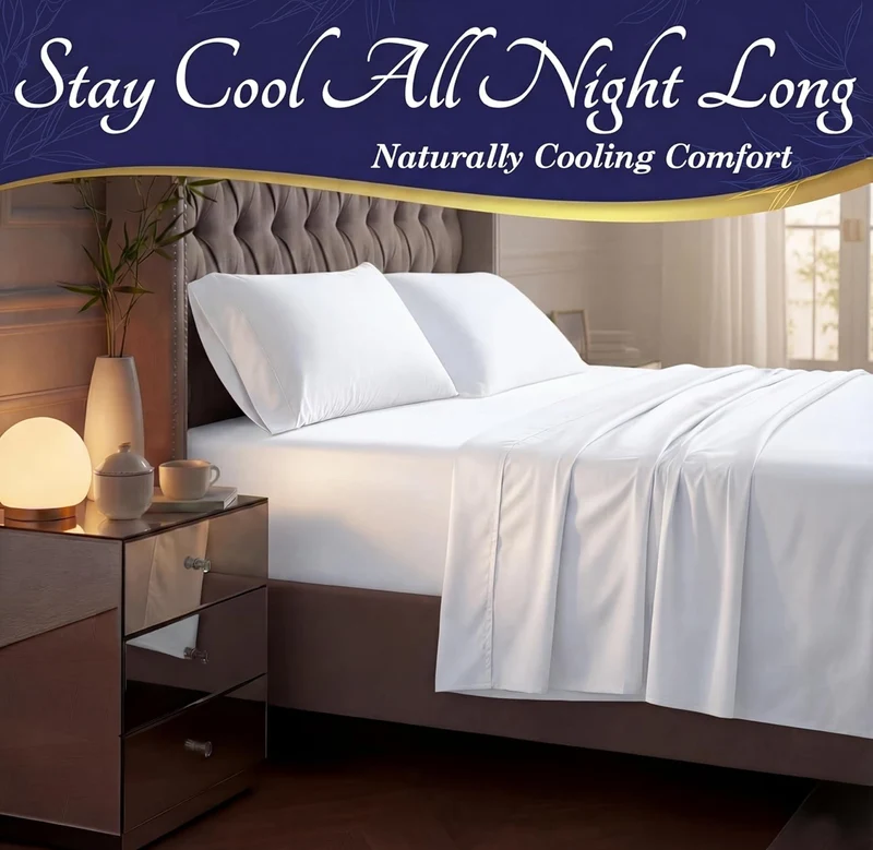 Luxury 4 Pc Naturally Cooling Sheets, Ultra Soft Bed Set - Deep 17" Pockets, Durable Double Stitching - (White)