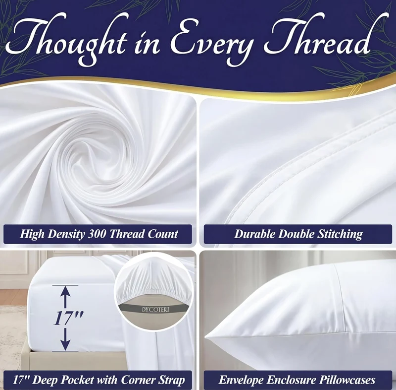 Luxury 4 Pc Naturally Cooling Sheets, Ultra Soft Bed Set - Deep 17" Pockets, Durable Double Stitching - (White)