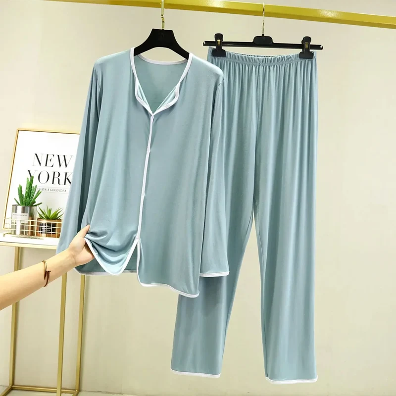 Ensemble Homewear Femme en Modal – Pyjama Chemise Col V & Pantalon Long Ample
