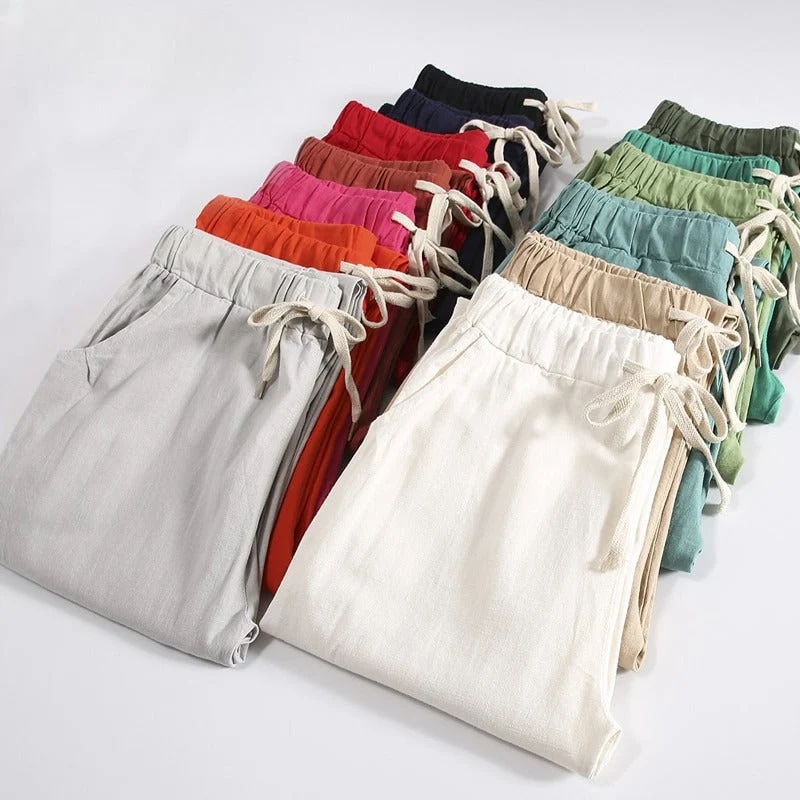 PANTALON EN COTON ET LIN POUR FEMME - TAILLE ÉLASTIQUE