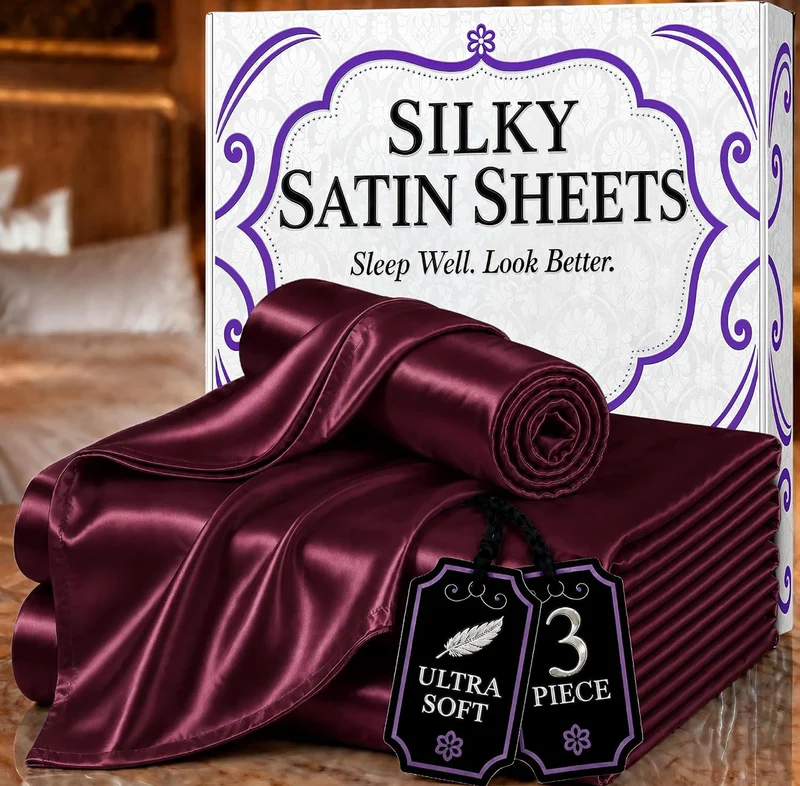 Satin Bed Sheets - 3 PCS Luxury Silky Twin Size Bedding Set - Softer Than Silk, Wrinkle-Free with 15” Deep Pocket Fitted Sheet - (Rosewood)