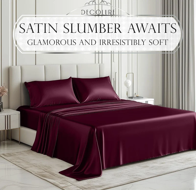 Satin Bed Sheets - 3 PCS Luxury Silky Twin Size Bedding Set - Softer Than Silk, Wrinkle-Free with 15” Deep Pocket Fitted Sheet - (Rosewood)