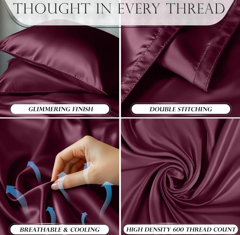 Satin Bed Sheets - 3 PCS Luxury Silky Twin Size Bedding Set - Softer Than Silk, Wrinkle-Free with 15” Deep Pocket Fitted Sheet - (Rosewood)