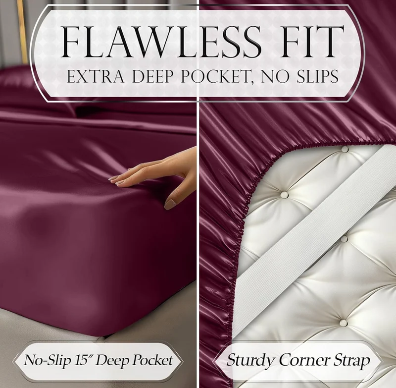 Satin Bed Sheets - 3 PCS Luxury Silky Twin Size Bedding Set - Softer Than Silk, Wrinkle-Free with 15” Deep Pocket Fitted Sheet - (Rosewood)