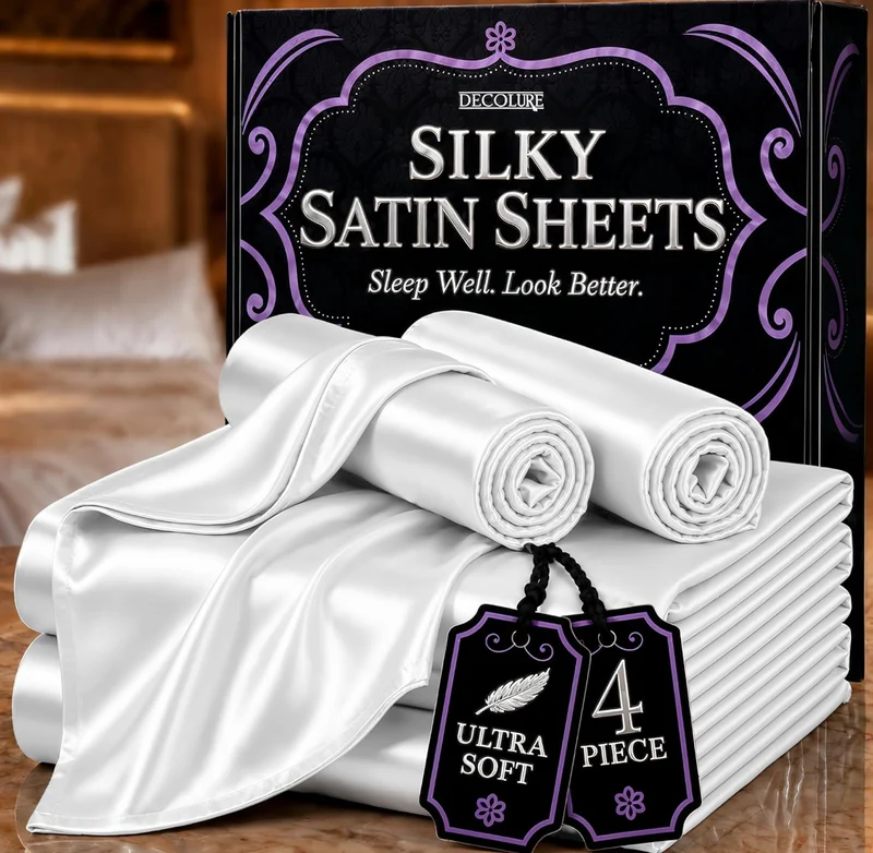 Satin Bed Sheets - 4 PCS Luxury Silky Queen Size Bedding Set - Softer Than Silk, Wrinkle-Free with 15” Deep Pocket Fitted Sheet - (White)
