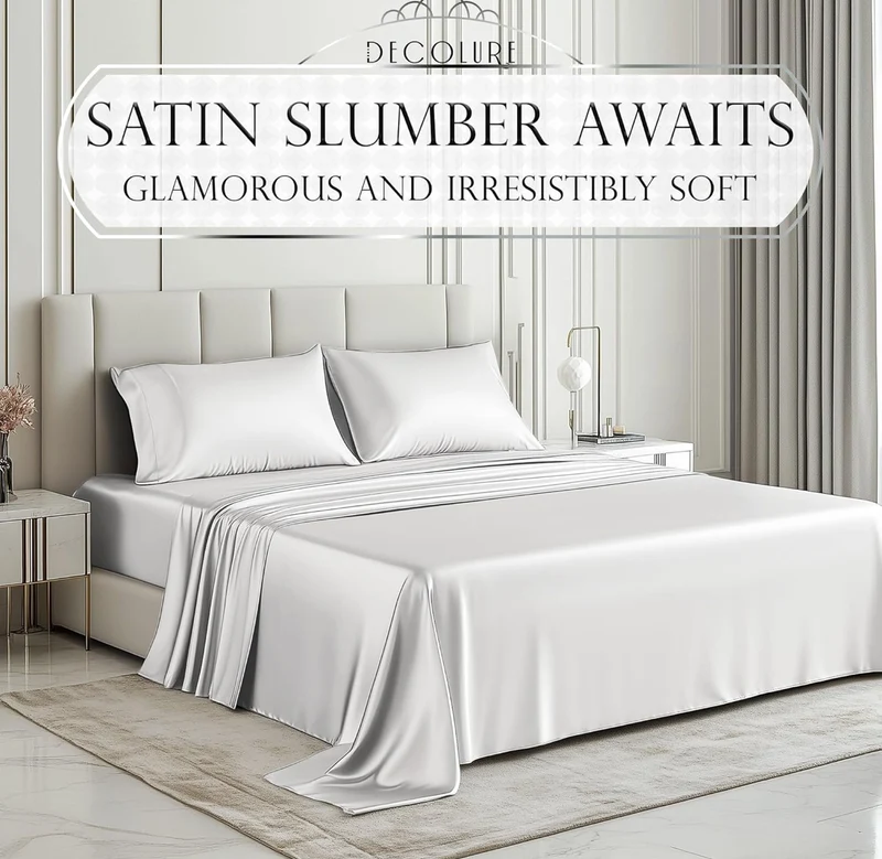 Satin Bed Sheets - 4 PCS Luxury Silky Queen Size Bedding Set - Softer Than Silk, Wrinkle-Free with 15” Deep Pocket Fitted Sheet - (White)