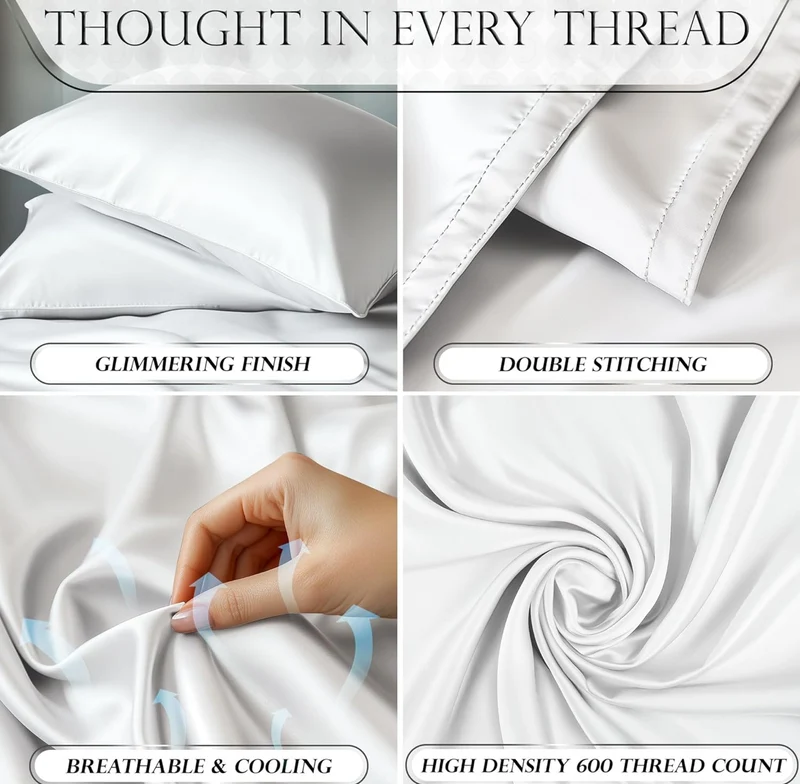 Satin Bed Sheets - 4 PCS Luxury Silky Queen Size Bedding Set - Softer Than Silk, Wrinkle-Free with 15” Deep Pocket Fitted Sheet - (White)