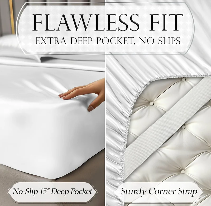 Satin Bed Sheets - 4 PCS Luxury Silky Queen Size Bedding Set - Softer Than Silk, Wrinkle-Free with 15” Deep Pocket Fitted Sheet - (White)