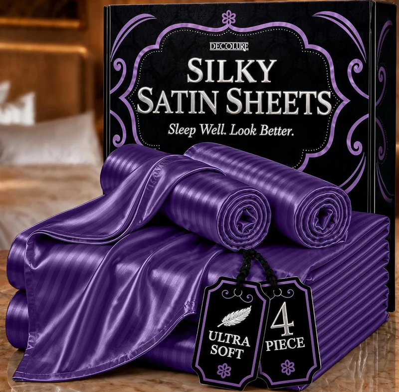 Satin Bed Sheets - 4 PCS Luxury Silky Queen Size Bedding Set - Softer Than Silk, Wrinkle-Free with 15” Deep Pocket Fitted Sheet - (Striped Purple)