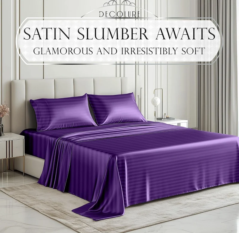 Satin Bed Sheets - 4 PCS Luxury Silky Queen Size Bedding Set - Softer Than Silk, Wrinkle-Free with 15” Deep Pocket Fitted Sheet - (Striped Purple)