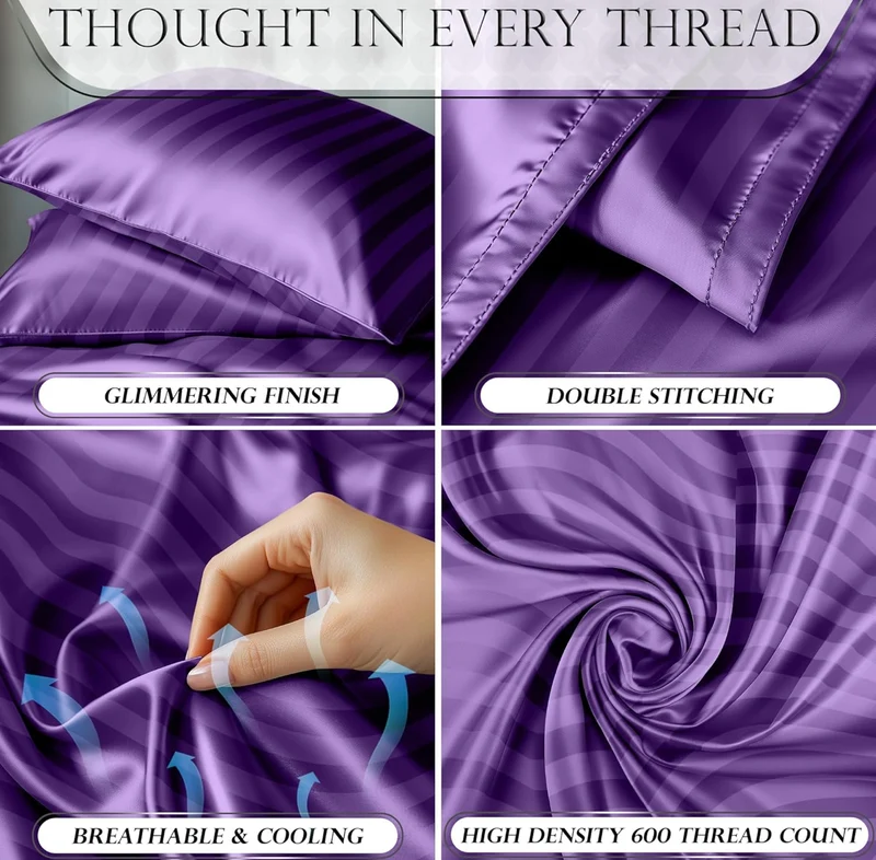 Satin Bed Sheets - 4 PCS Luxury Silky Queen Size Bedding Set - Softer Than Silk, Wrinkle-Free with 15” Deep Pocket Fitted Sheet - (Striped Purple)