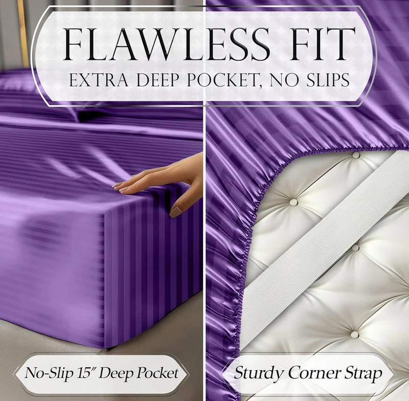 Satin Bed Sheets - 4 PCS Luxury Silky Queen Size Bedding Set - Softer Than Silk, Wrinkle-Free with 15” Deep Pocket Fitted Sheet - (Striped Purple)