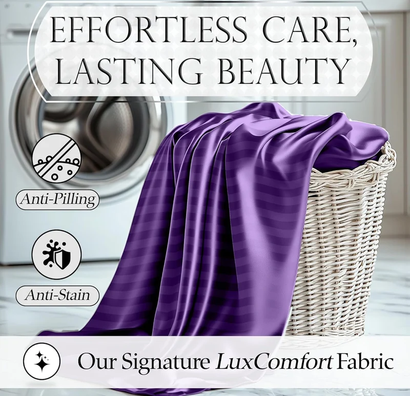 Satin Bed Sheets - 4 PCS Luxury Silky Queen Size Bedding Set - Softer Than Silk, Wrinkle-Free with 15” Deep Pocket Fitted Sheet - (Striped Purple)