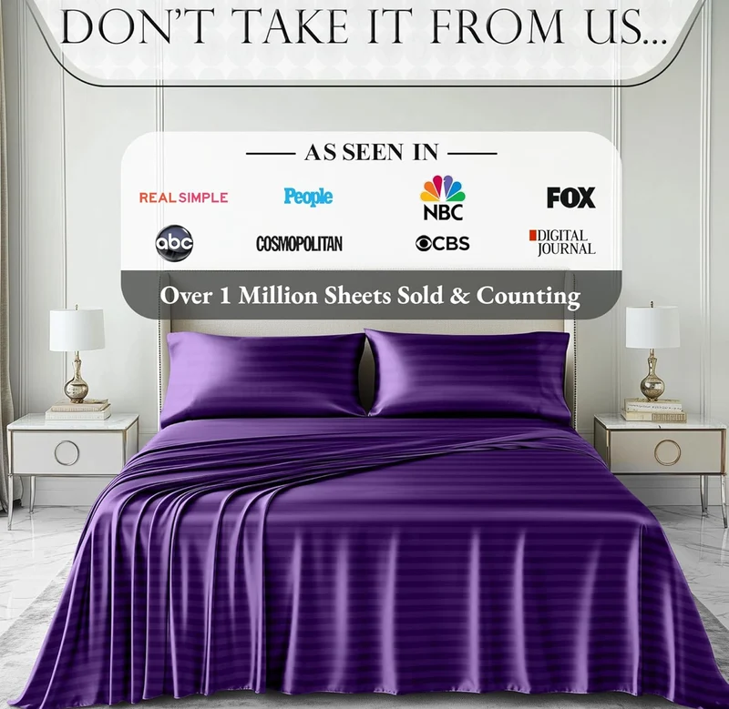 Satin Bed Sheets - 4 PCS Luxury Silky Queen Size Bedding Set - Softer Than Silk, Wrinkle-Free with 15” Deep Pocket Fitted Sheet - (Striped Purple)