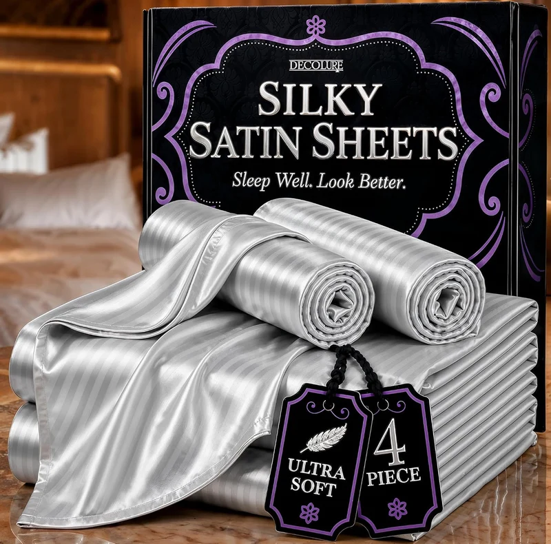Satin Bed Sheets - 4 PCS Luxury Silky Queen Size Bedding Set - Softer Than Silk, Wrinkle-Free with 15” Deep Pocket Fitted Sheet - (Striped Grey)