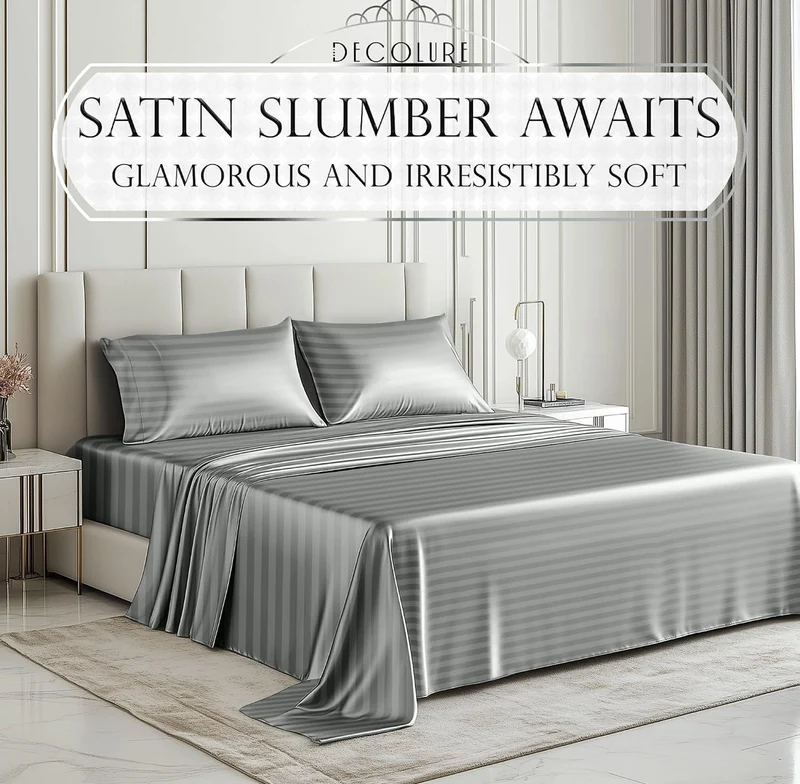 Satin Bed Sheets - 4 PCS Luxury Silky Queen Size Bedding Set - Softer Than Silk, Wrinkle-Free with 15” Deep Pocket Fitted Sheet - (Striped Grey)