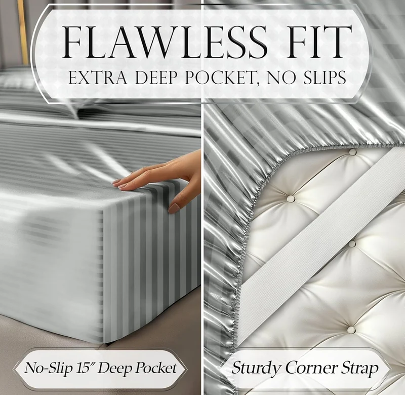 Satin Bed Sheets - 4 PCS Luxury Silky Queen Size Bedding Set - Softer Than Silk, Wrinkle-Free with 15” Deep Pocket Fitted Sheet - (Striped Grey)