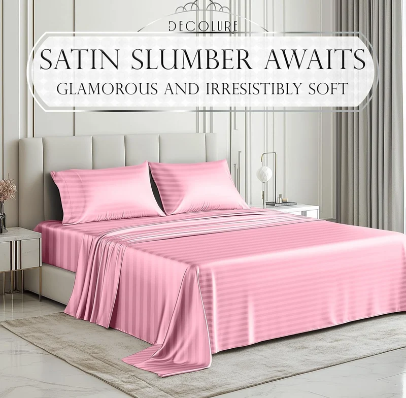 Satin Bed Sheets - 4 PCS Luxury Silky Queen Size Bedding Set - Softer Than Silk, Wrinkle-Free with 15” Deep Pocket Fitted Sheet - (Striped Pink)