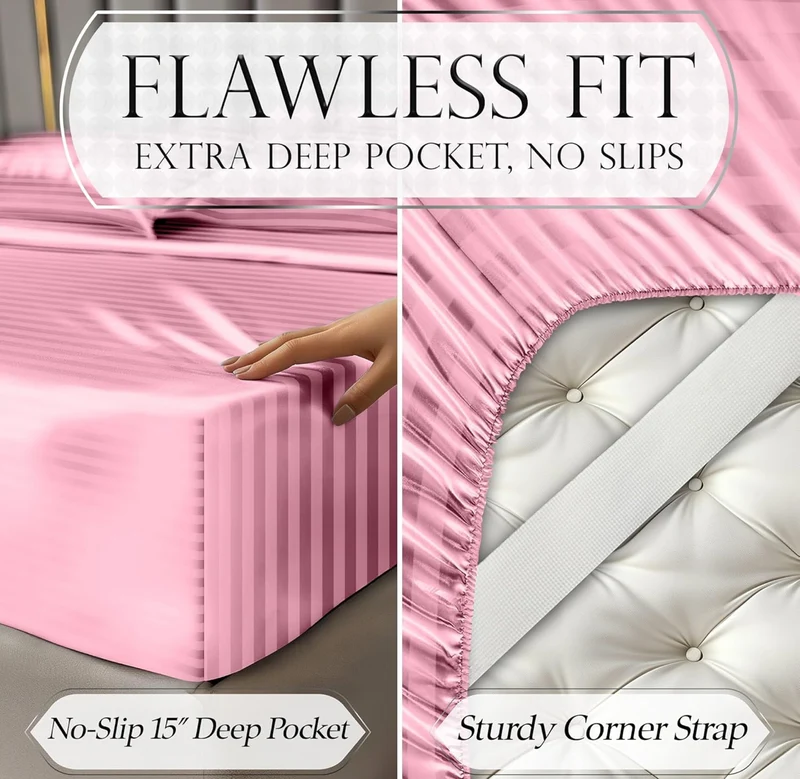 Satin Bed Sheets - 4 PCS Luxury Silky Queen Size Bedding Set - Softer Than Silk, Wrinkle-Free with 15” Deep Pocket Fitted Sheet - (Striped Pink)