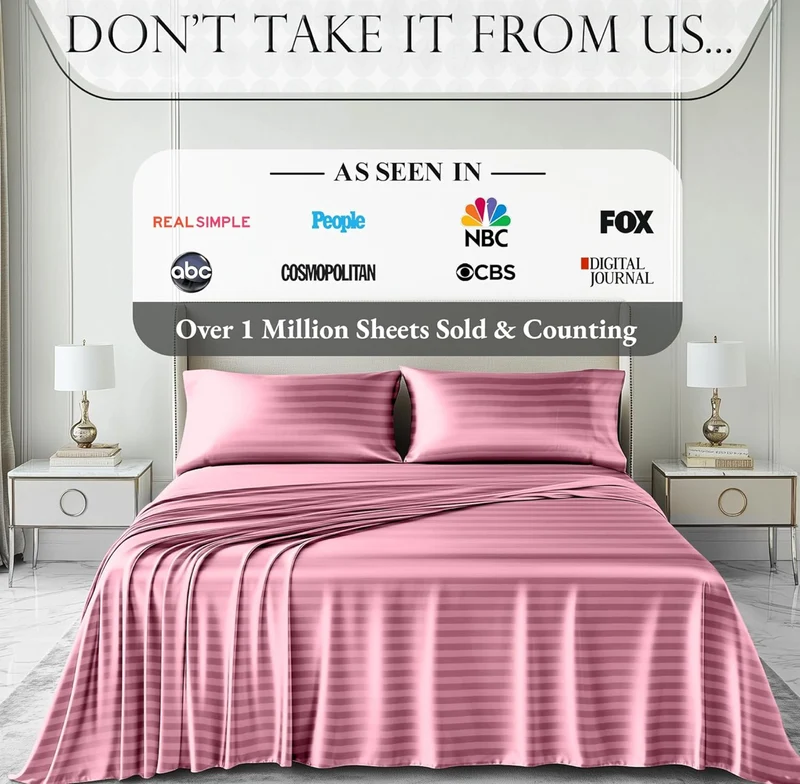 Satin Bed Sheets - 4 PCS Luxury Silky Queen Size Bedding Set - Softer Than Silk, Wrinkle-Free with 15” Deep Pocket Fitted Sheet - (Striped Pink)