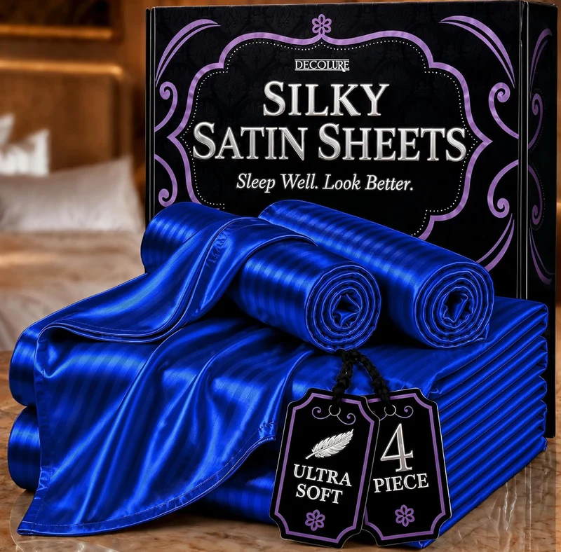 Satin Bed Sheets - 4 PCS Luxury Silky Queen Size Bedding Set - Softer Than Silk, Wrinkle-Free with 15” Deep Pocket Fitted Sheet - (Striped Blue)