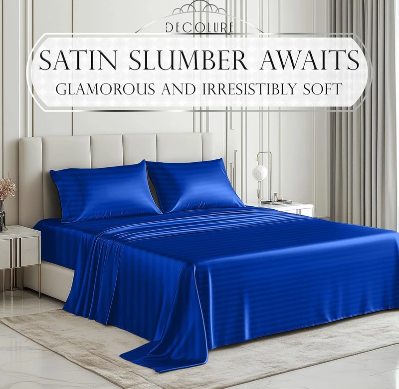Satin Bed Sheets - 4 PCS Luxury Silky Queen Size Bedding Set - Softer Than Silk, Wrinkle-Free with 15” Deep Pocket Fitted Sheet - (Striped Blue)