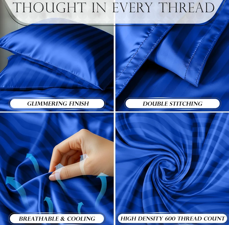 Satin Bed Sheets - 4 PCS Luxury Silky Queen Size Bedding Set - Softer Than Silk, Wrinkle-Free with 15” Deep Pocket Fitted Sheet - (Striped Blue)