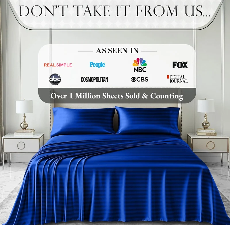 Satin Bed Sheets - 4 PCS Luxury Silky Queen Size Bedding Set - Softer Than Silk, Wrinkle-Free with 15” Deep Pocket Fitted Sheet - (Striped Blue)