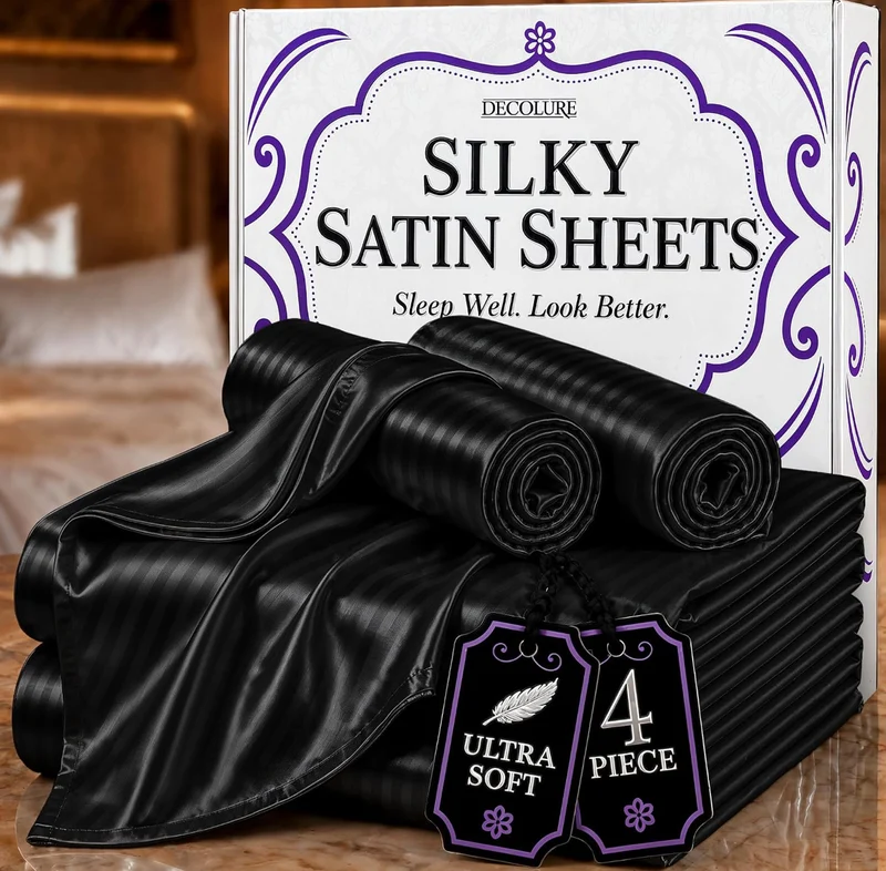 Satin Bed Sheets - 4 PCS Luxury Silky Queen Size Bedding Set - Softer Than Silk, Wrinkle-Free with 15” Deep Pocket Fitted Sheet - (Striped Black)