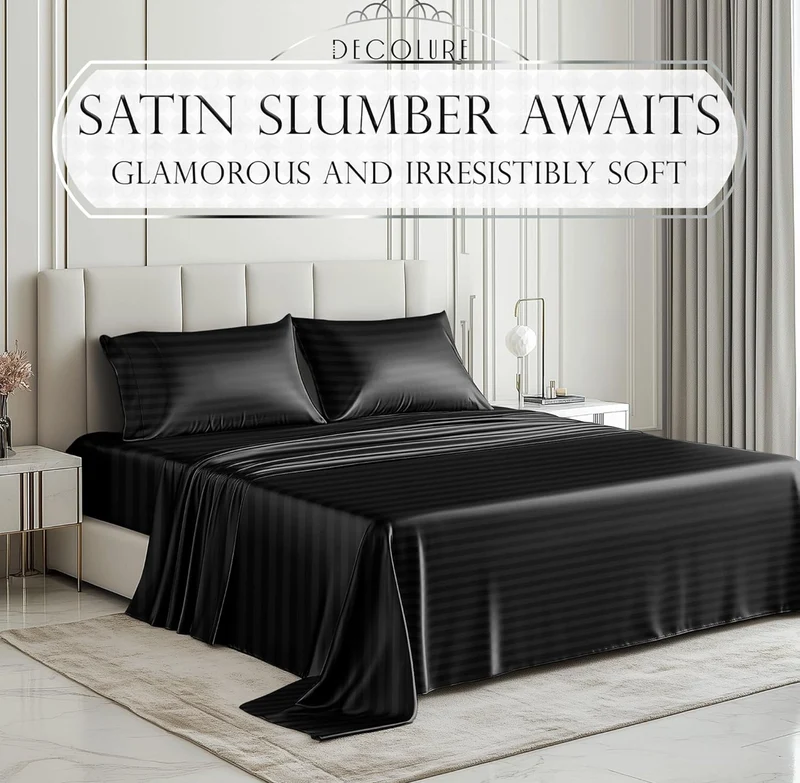 Satin Bed Sheets - 4 PCS Luxury Silky Queen Size Bedding Set - Softer Than Silk, Wrinkle-Free with 15” Deep Pocket Fitted Sheet - (Striped Black)